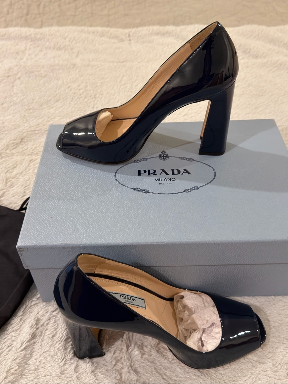 Prada Navy Patent Leather Peep-Toe Block Heels